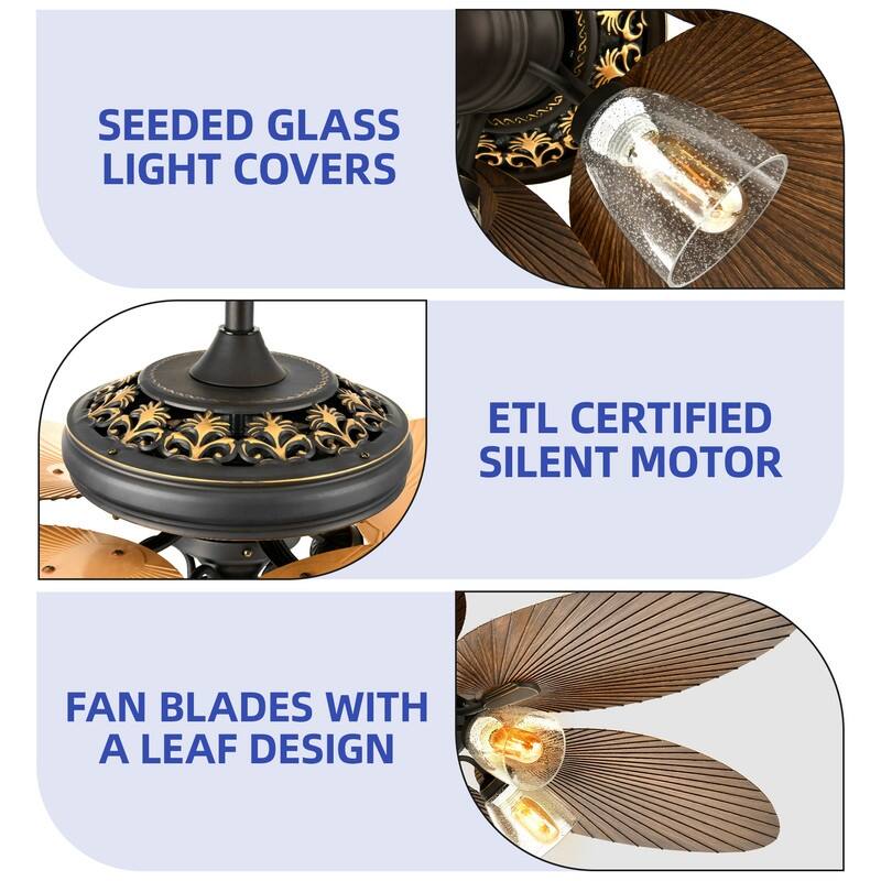 Moasis 52 Inch Tropical Palm Leaf Remote Ceiling Fans with Light and Clear Seeded Glass Light Kit