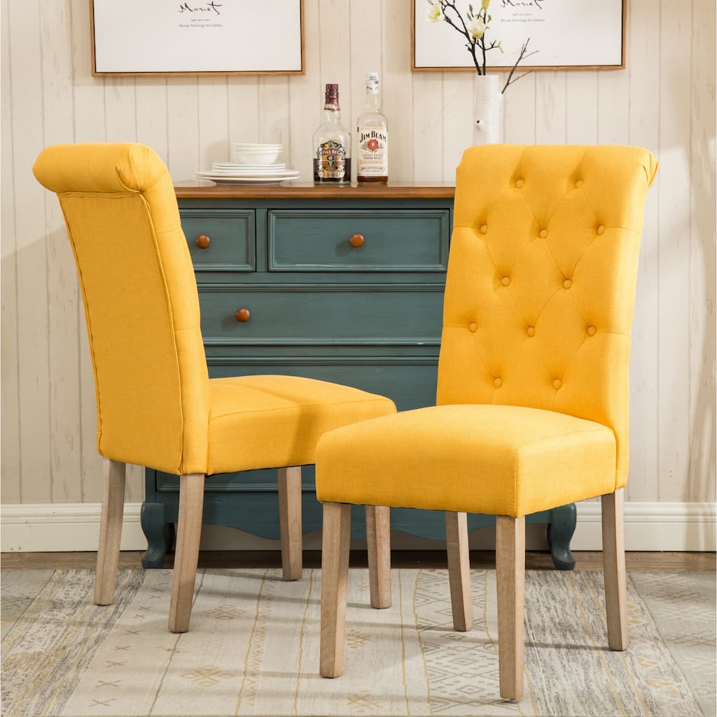 Set of 2 Upholstered Chair Dining Chair with Button Tufted Backrest, Reception Chair Accent Chair with Wood Frame, Yellow