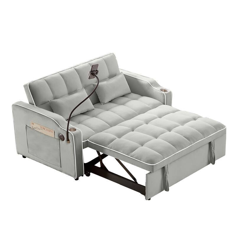 Anmytek Velvet Foldable Double Seat Recliner Sleeper Sofa Bed with USB Port and Side Pockets