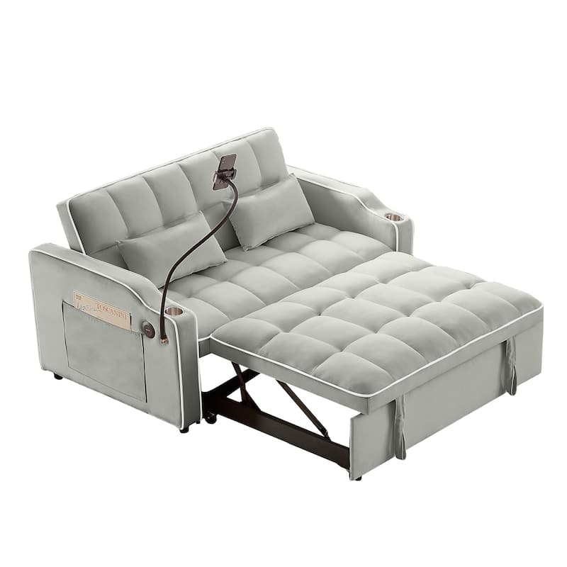 Convertible Sofa Bed Loveseat with Adjustable Backrest & Storage Pockets, Pull-Out Sleeper Sofa with USB Charging Ports
