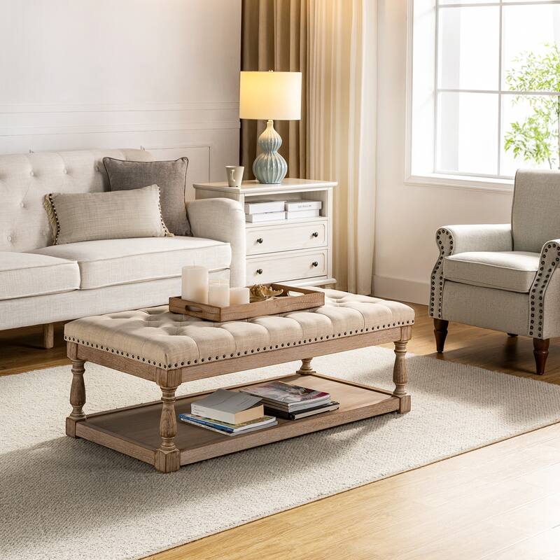 Conelius Upholstered Traditional Rectangular Cocktail Ottoman with a Tray by HULALA HOME - Linen