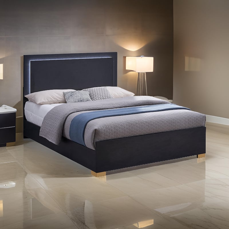 Dex Full Size Bed with LED Framed Headboard, Black Wood Finish, Gold Legs