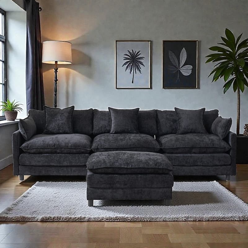 108 Inch L Shaped Modular Sectional Sofa, Chenille Cloud Couch with Ottoman, Deep Seat Modern Sofa