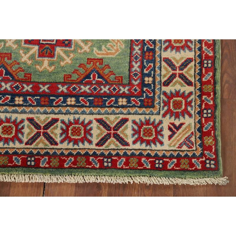 Green Geometric Kazak Foyer Rug Handmade Wool Carpet - 3'1" x 4'11"