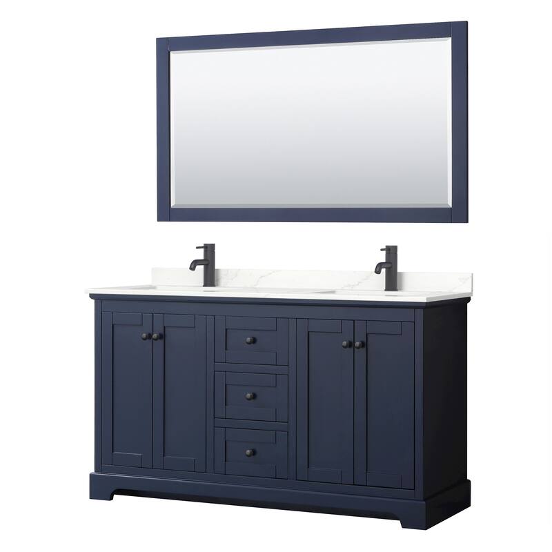 Avery 60-inch Double Vanity, Quartz Top, 58-inch Mirror - Dark Blue, Black Trim, Giotto Quartz Top