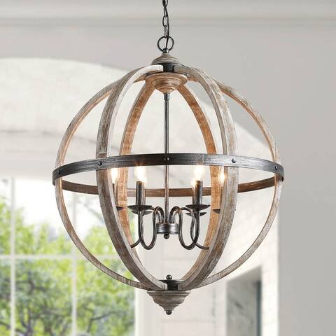 Farmhouse Distressed Wood Globe Chandelier Hanging Light for Dining Room