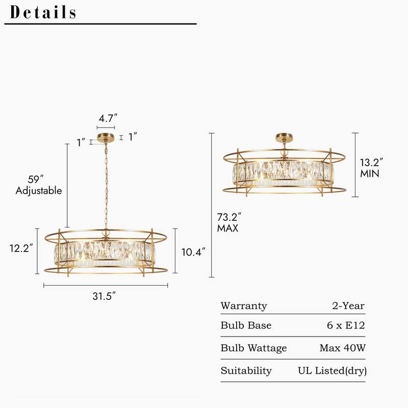 Modern Glam 6-Lights Crystal Chandelier Vintage Goldleaf Pendant Light Drum Kitchen Island Light for Dining Room