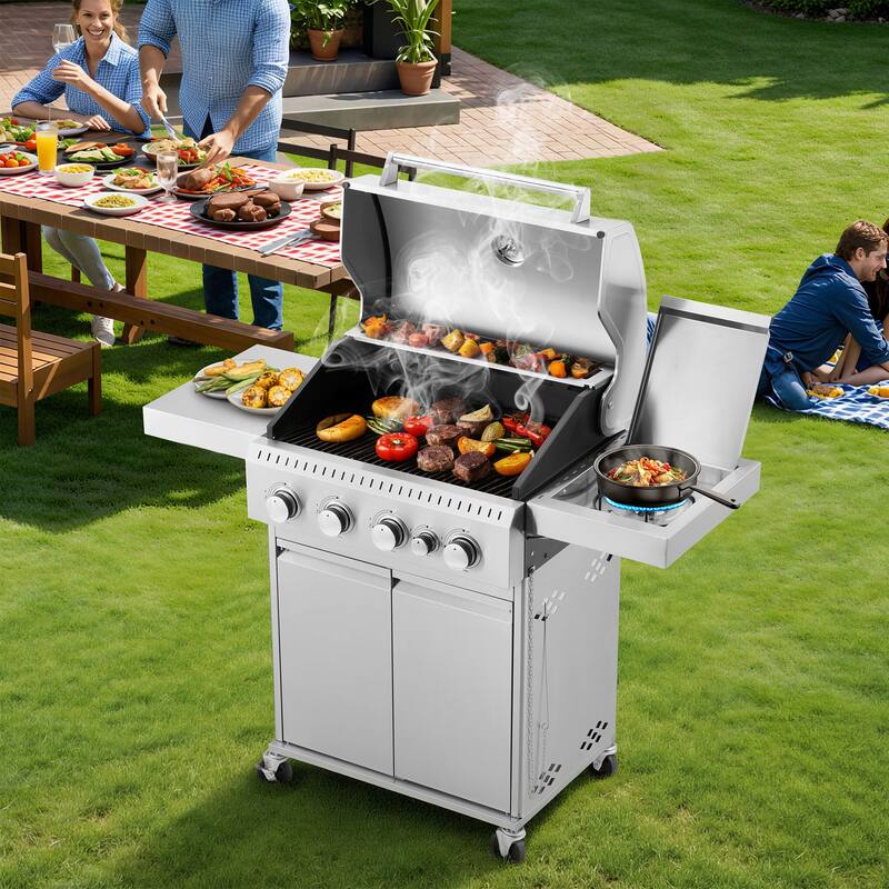 42,000 BTU 4-Burner Stainless Steel Gas Grill with Side Burner – Heavy-Duty Cast Iron Grates– Silver - Silver - Propane Gas