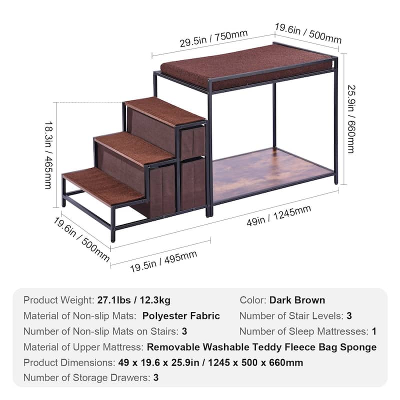 Black-Brown Wood Pet Bunk Bed with Stairs and Storage Drawers - 49” L x 19.6” W x 25.9” H