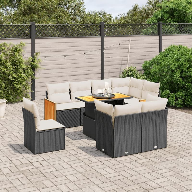 vidaXL Patio Sofa Set with Cushions Outdoor Furniture 9 Piece Poly Rattan - Black and cream without storage - 21.7 x 39.4 x 27.2 in