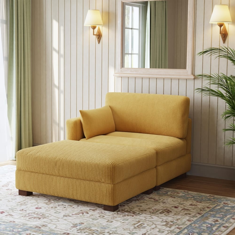 Modern Corduroy Upholstered Sectional Chaise Lounge with Ottoman