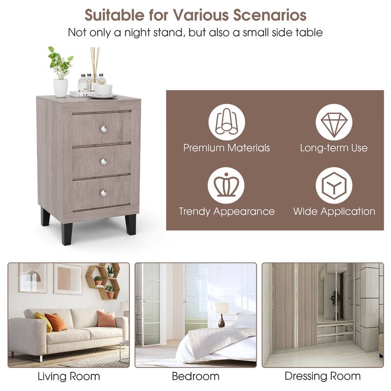 Costway Nightstand Sofa Side Coffee Table with 3 Drawer for Bedroom