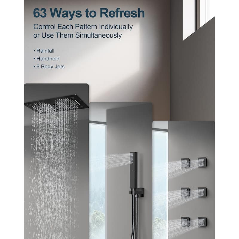 GRANDJOY LED Shower System 28" Luxury Shower Head with 6 Body Jets