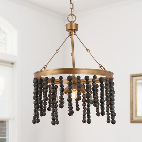 Coasa Boho 3-light Beads Drum Chandelier Vintage Glam Black Gold Dining Room Lighting - D17'' x H84''