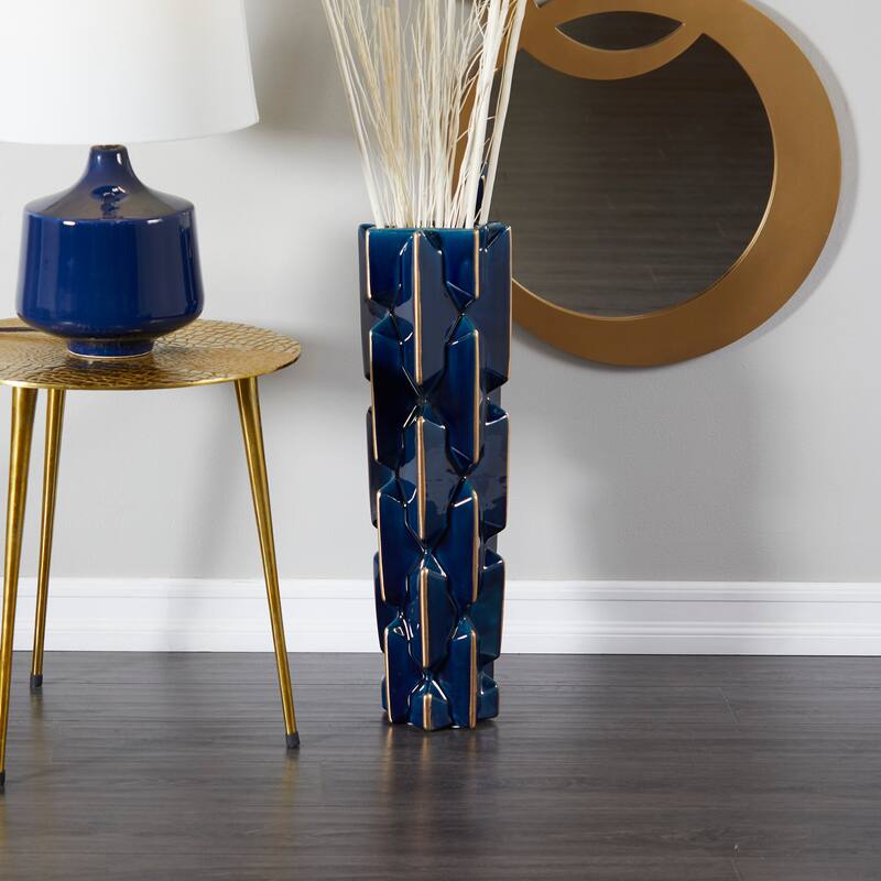 Ceramic Faceted Vase with Gold Accents - Teal - Roche River Decor - 8"W x 8"L x 27"H
