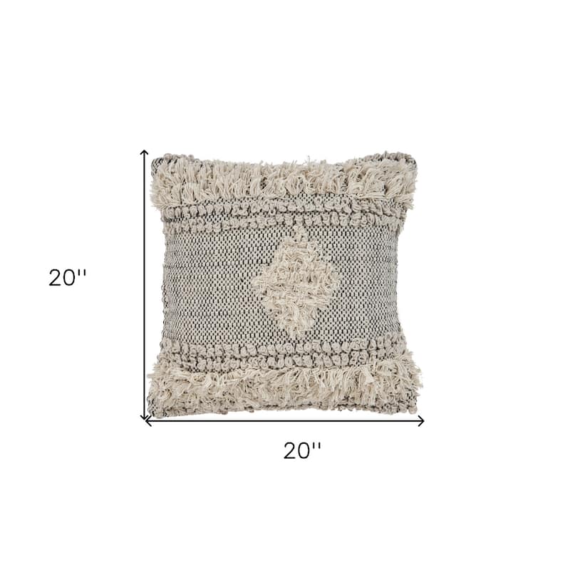 HomeRoots 20" X 20" Natural and Black Geometric Cotton Zippered Pillow With Fringe