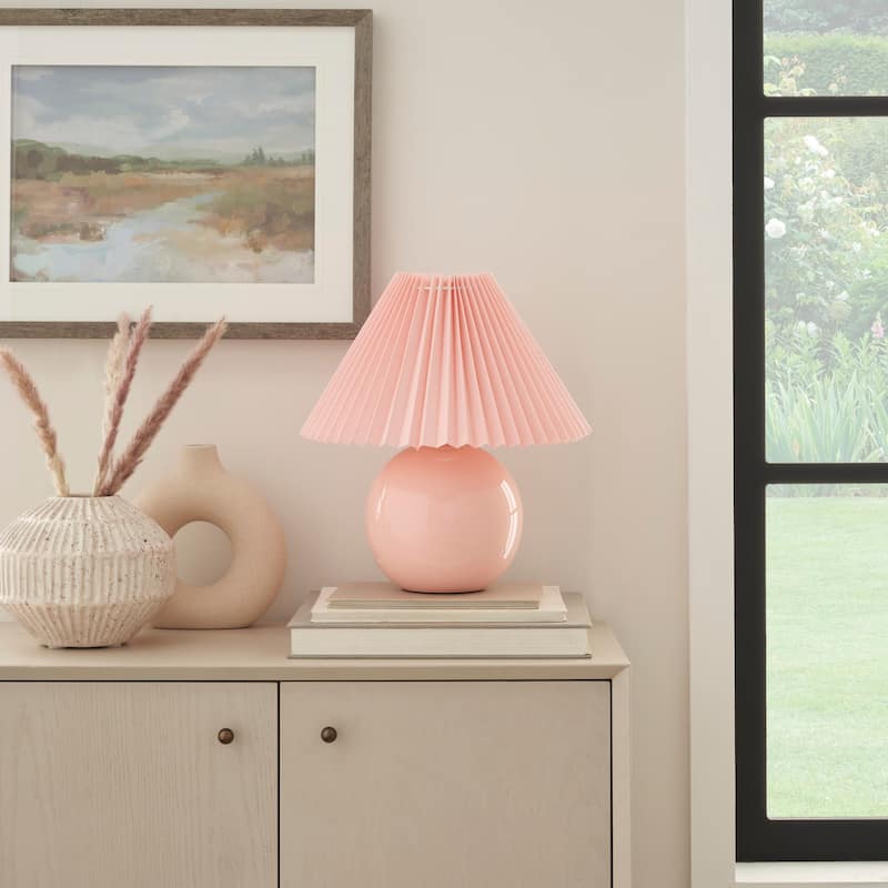 Nourison 13" Round Ceramic Table Lamp with Pleated Shade - Pink