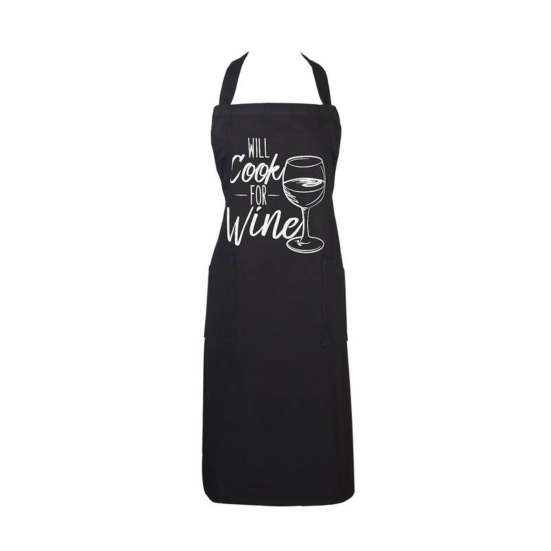 Will Cook For Wine Unisex Kitchen Chef Apron - 40" - Black and White