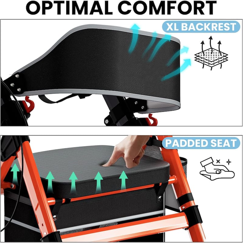Foldable Rollator Walkers with Seat for Seniors, 450 lb Capacity, 8" Wheels, 18" Big Seat, 6-Position Adjustable Height - Red