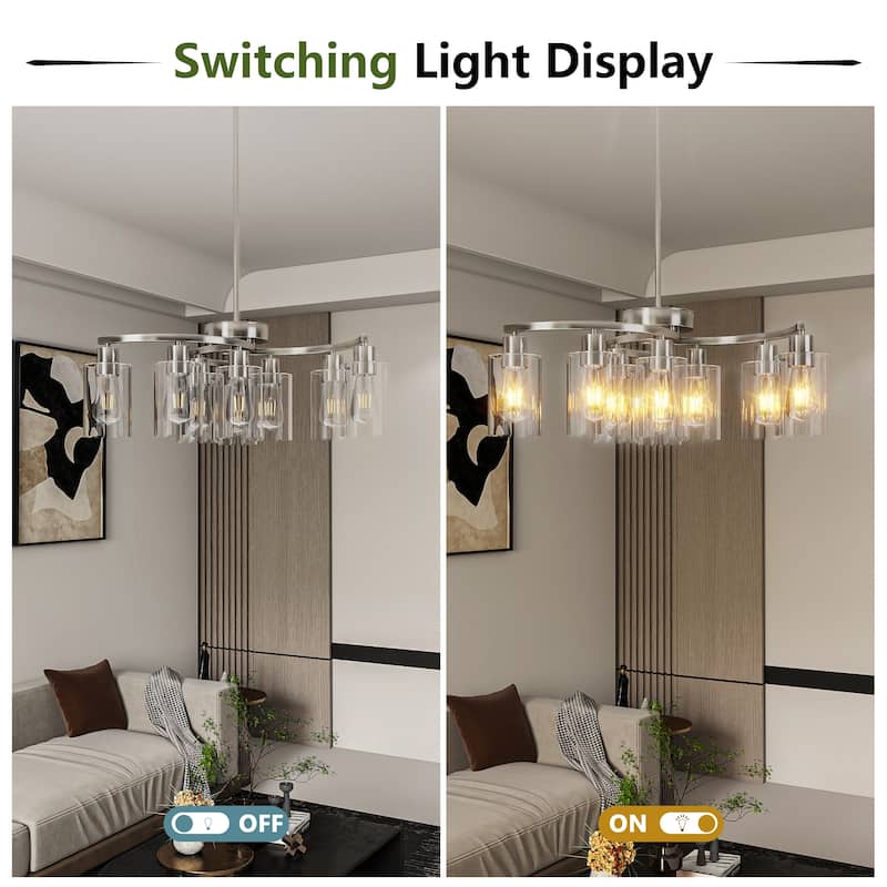 9-Light Glass Chandelier, Adjustable Height Dining Room Light Fixtures Over Table, Contemporary Hanging Chandelier