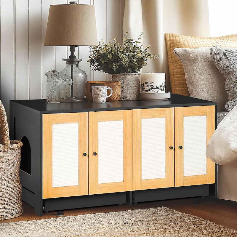 Double Litter Box Enclosure,Cat Litter Box Enclosure for 2 Cats,Hidden Box Furniture,Rattan Doors,47" L x 19.8" W x 21.8" H