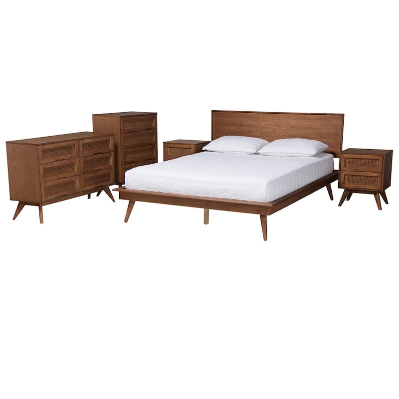 Melora Mid-Century Modern Walnut Brown Finished Wood and Rattan 3-Piece/4-Piece/5-Piece Bedroom Set (Multiple Bed Sizes) - King - 5 Piece