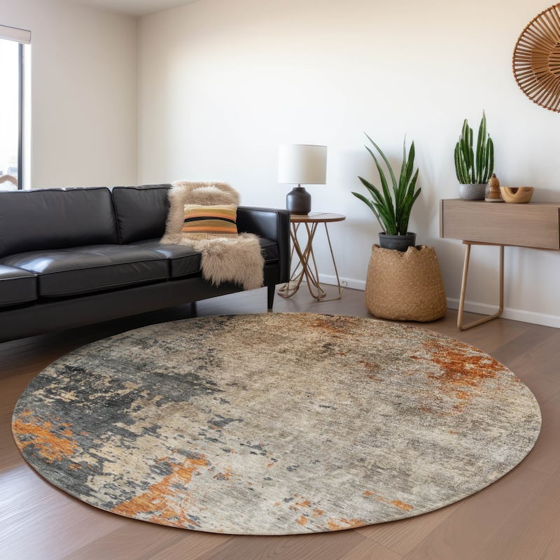 Machine Washable Indoor/ Outdoor Abstract Contemporary Chantille Rug - Khaki - 8' x 8'