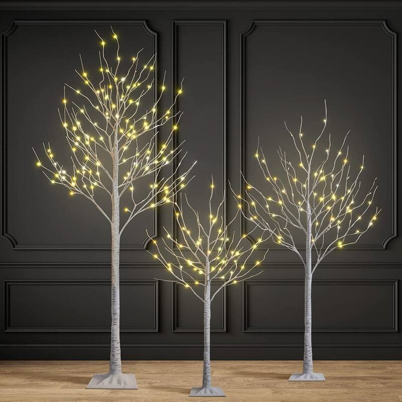 3 Piece Pre-lit Artificial Christmas Tree Set with Warm White Lights, Twinkle LED Birch Tree for Wedding, Festival, Party