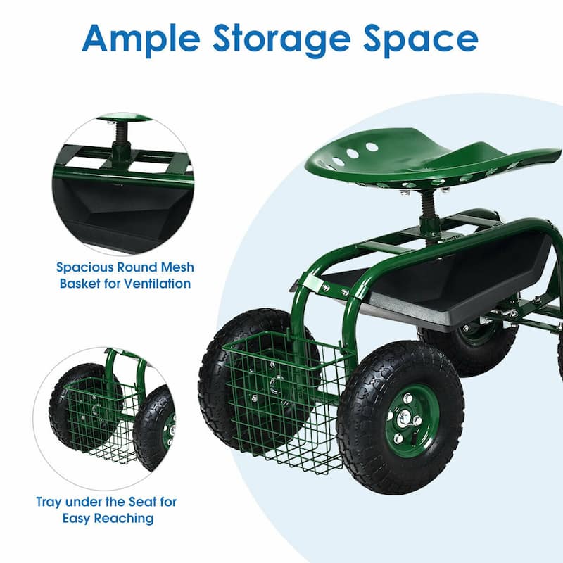 Gymax Rolling Garden Cart Scooter w/ Adjustable Seat Storage Basket