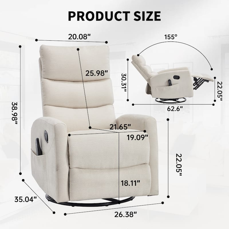 Heat Massage Manual Recliner Chair with Rocker and Swivel in Fabric for Living Room