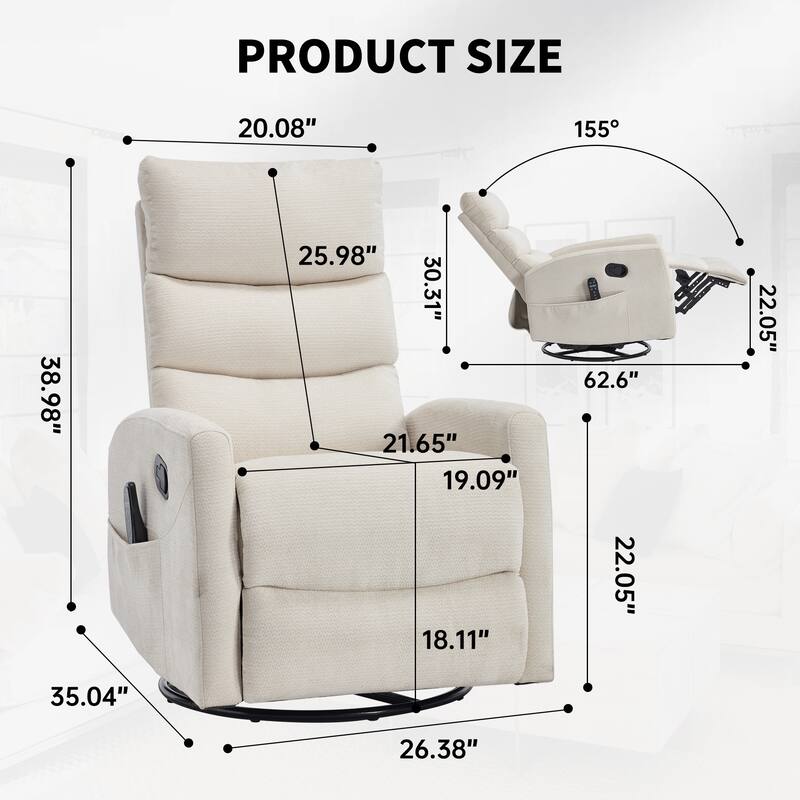 Manual Recliner Chair with Heat & Massage, Fabric Upholstered Glider Recliner Chair, Swivel Recliner Chair with Side Pockets