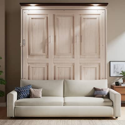 Queen Size Murphy Bed with Sofa and LED Lights, Foldable Cabinet Bed with Upholstered Seating, Pine Wood Frame, Beige
