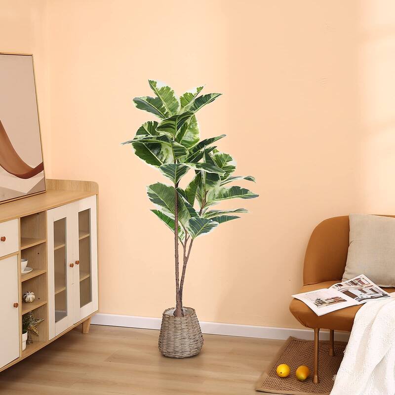 Artificial Rubber Tree Plant 43in Tall Faux Ficus Tree Potted Fake Tropical Decorative House Large Floor Artificial Plants
