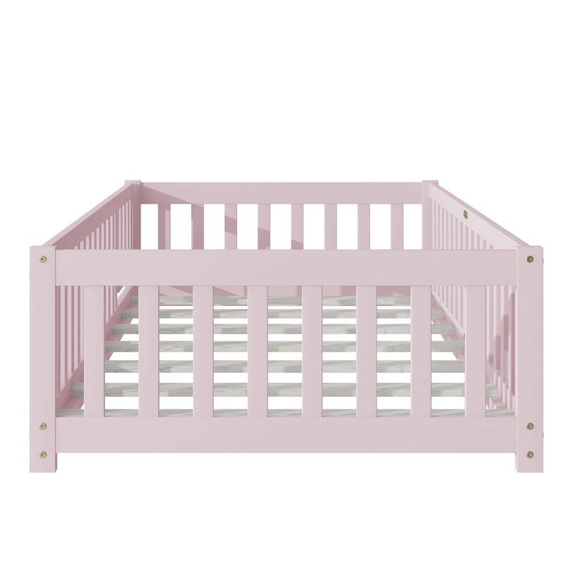 Twin Size Floor Bed with Fence and Door, Safety Guardrails