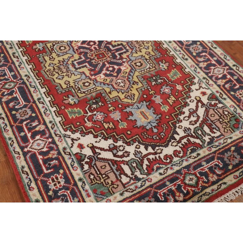 Geometric Heriz Serapi Indian Accent Rug Hand-Knotted Wool Carpet - 4'0" X 6'0"