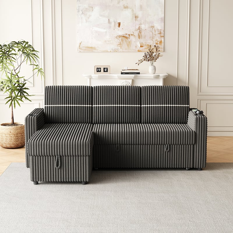 85 Inches Corduroy Sofa Bed, 3 Seater Sleeper Sofa with Storage Chaise - Taupe
