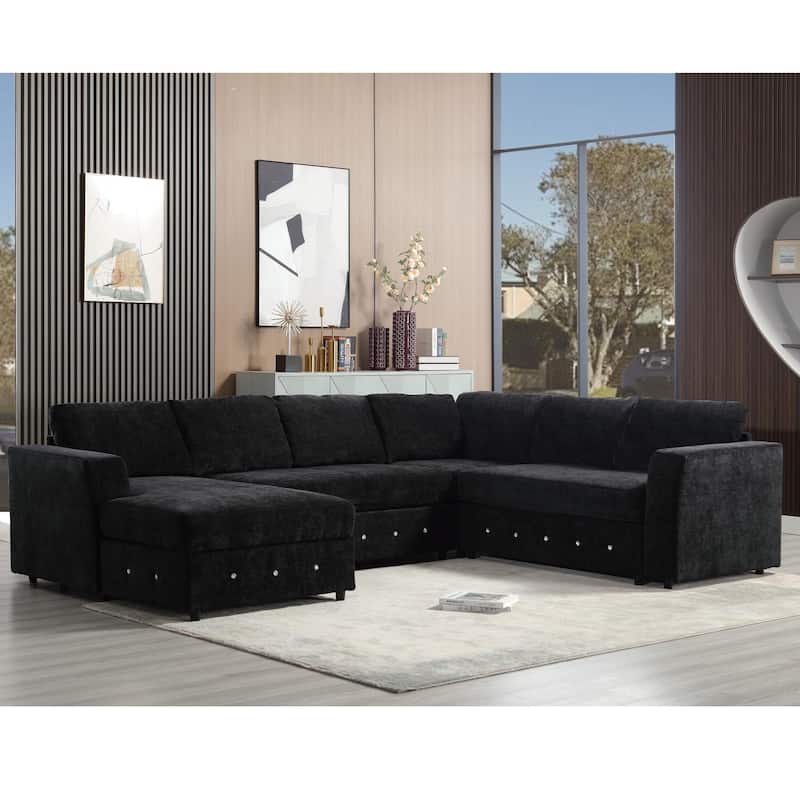 110.75" Sectional Sofa, Modular, U Shaped, Chenille, Black with Storage