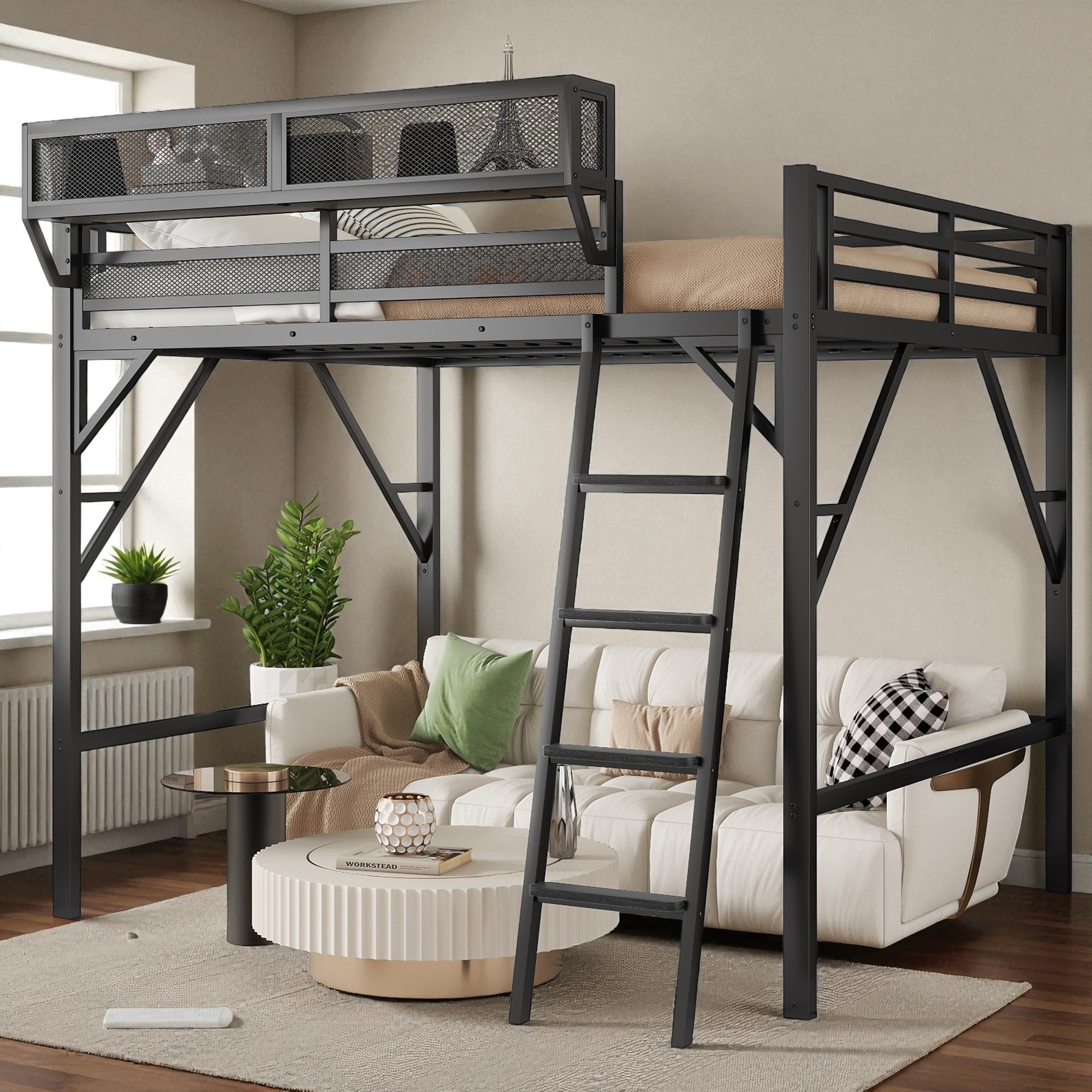 Queen Size Metal Loft Bed with Ladder and Storage Shelves, High Loft Bed Frame for Kids and Teens