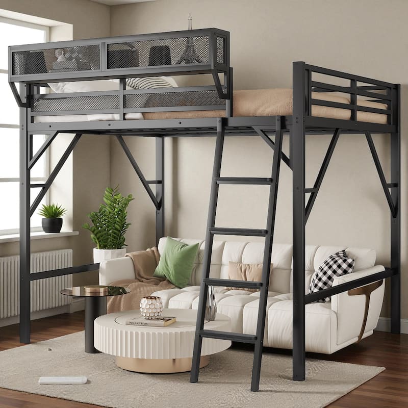 Queen Size Metal Loft Bed with Ladder and Storage Shelves, High Loft Bed Frame for Kids and Teens - Black - Queen