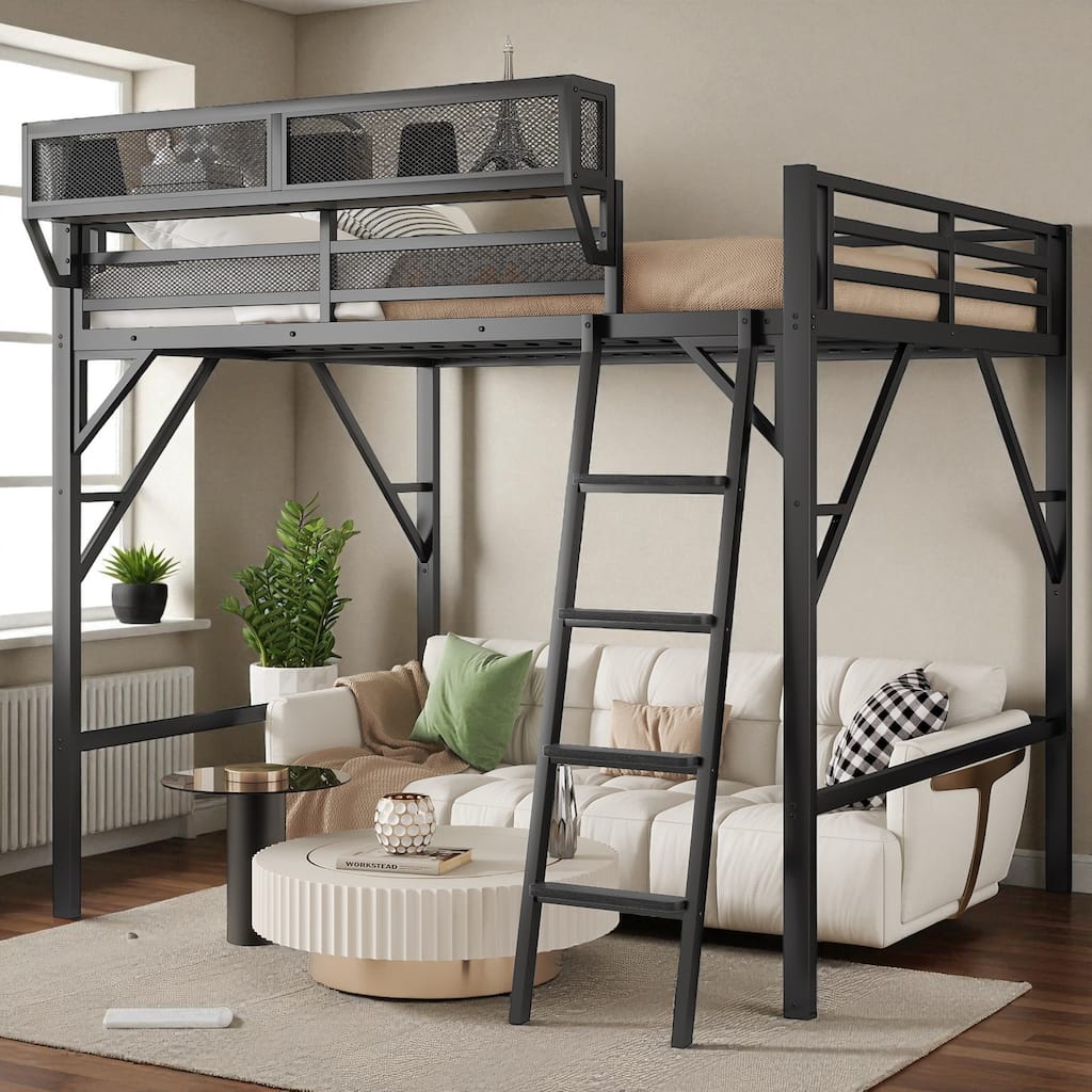 Queen Size Metal Loft Bed with Ladder and Storage Shelves, High Loft Bed Frame for Kids and Teens