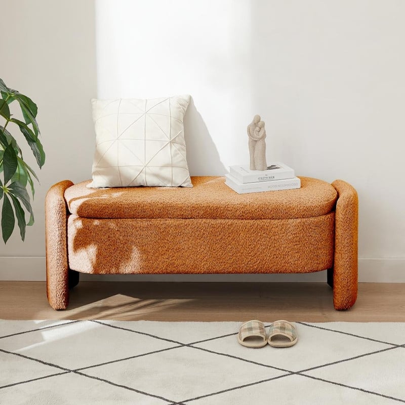 Oval Storage Bench Ottoman with 3D Lamb Fleece Fabric