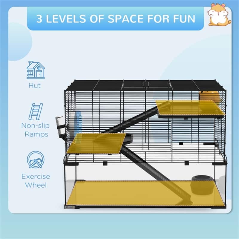 Black-Transparent Hamster Cage with Steel Frame, Glass Base and Accessories - 31" L x 19" W x 22.5" H