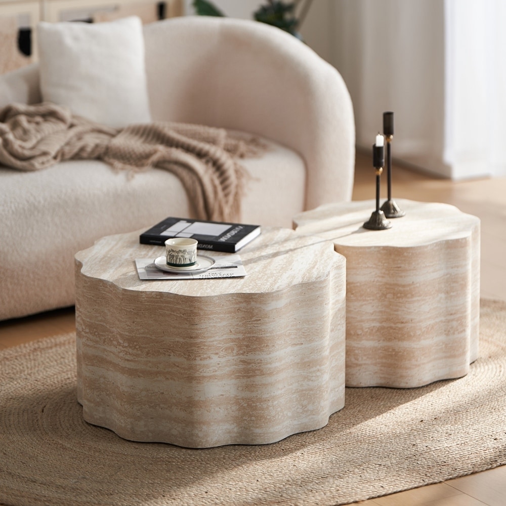 Set of 2 Round Coffee Tables with Faux Travertine Walnut Marble Top