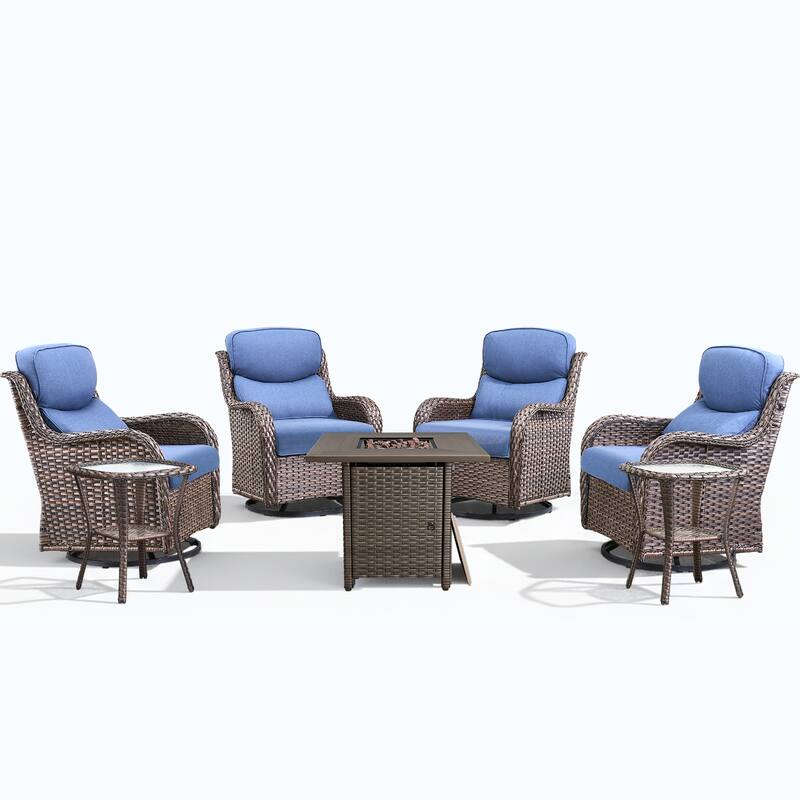 Meyreso 7-Piece Outdoor Patio Wicker Fire Pit 4 person Conversation Set with 5-Inch Thick Cushions