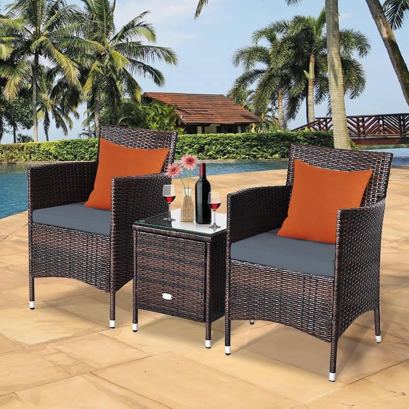 Gymax 3PCS Patio Rattan Furniture Set Outdoor w/ Cushioned Chairs - See Details