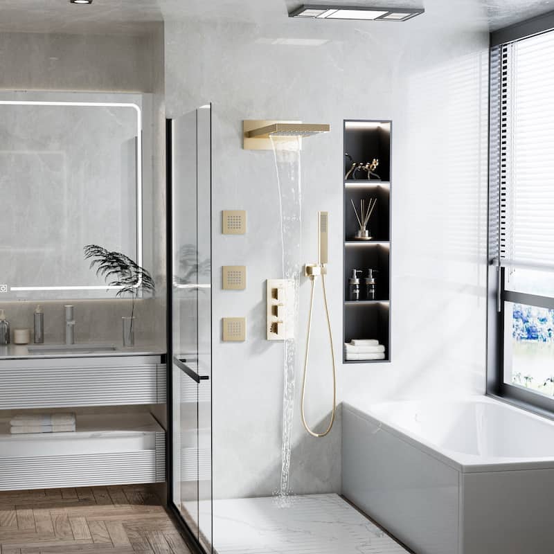 Luxury 3-Way Complete Rain Showerhead with High-pressure Handheld Showerhead&3-Body Jet in Black/Gold/Nickel - Brushed Gold