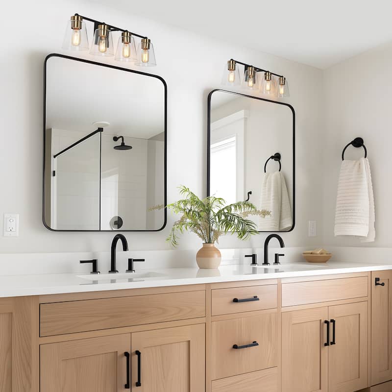 Marsie 4-Light Modern Transitional Black Gold Linear Bathroom Vanity Lights with Cylinder Clear Glass - L 29"* W 6"* H 7.5"