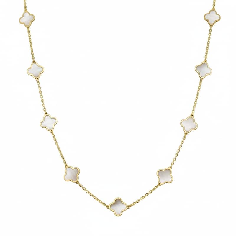 Italian Gold 14K Yellow Gold Mother of Pearl Clover Station Necklace 7mm Pearl Size 16-18 Inch Chain 2.60 grams