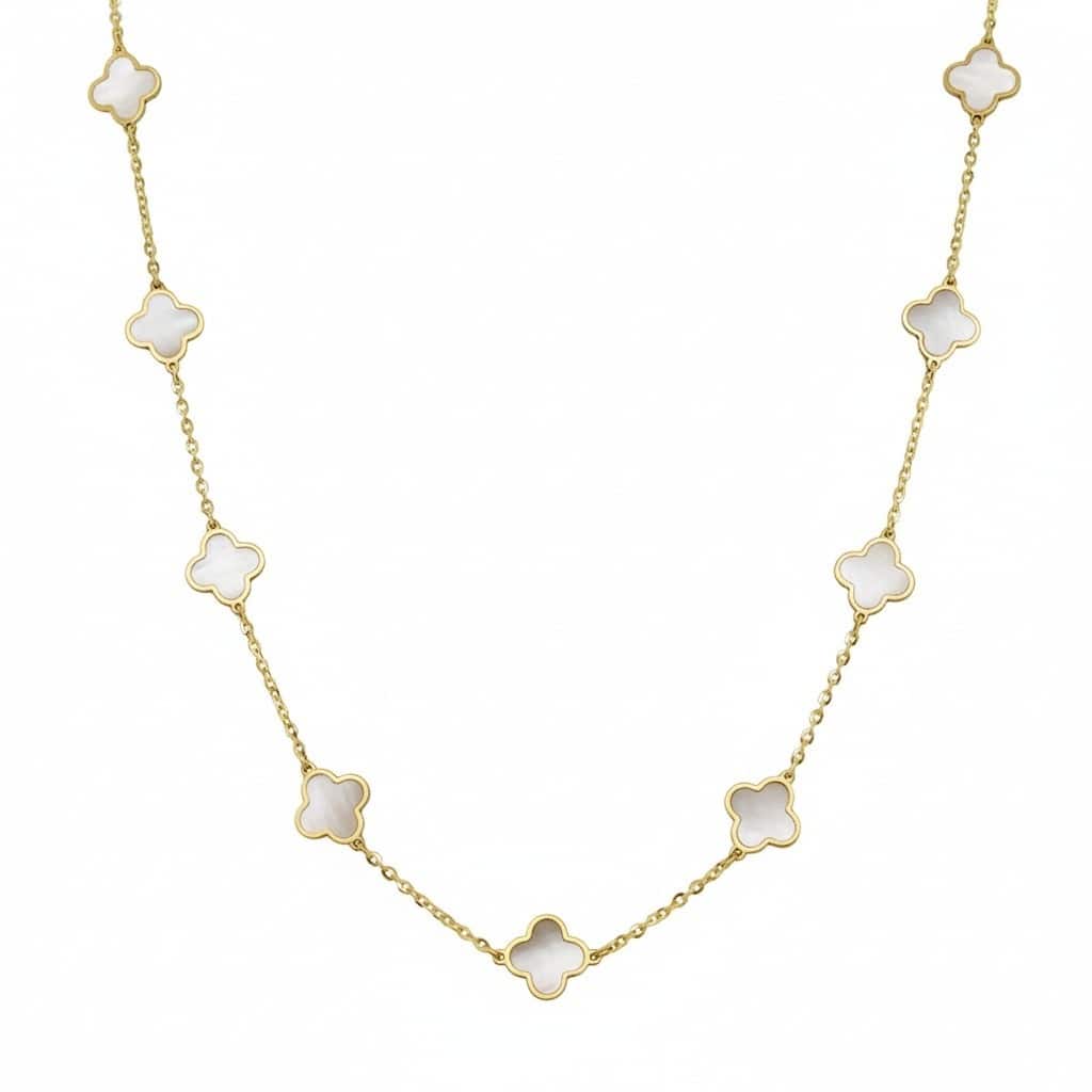 Italian Gold 14K Yellow Gold Mother of Pearl Clover Station Necklace 7mm Pearl Size 16-18 Inch Chain 2.60 grams