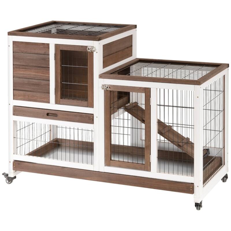Medium Fir Wood Bunny Hutch with Wheels Pull Out Trays and Spacious Run for Indoor and Outdoor Use - Brown